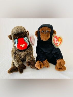 Ty Beanie Babies Pair - Black, Brown and Red Plush Monkeys, Apes
